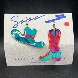 Wearable Watercolors Artist Signed Cowboy Hat Cowboy Book Earrings, NWT Jewelry